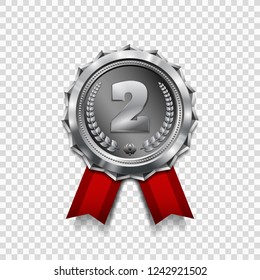 Silver Medal With Red Ribbon. Metallic Winner Award. Vector Illustration.