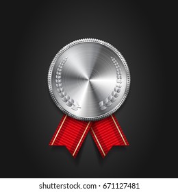 Silver medal with red ribbon. Metallic winner award. Vector illustration.