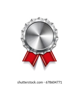 Silver medal with red ribbon. Metallic winner award. Vector illustration.