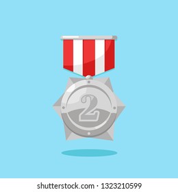Silver medal with red ribbon for second place. Trophy, winner award isolated on blue background. Badge icon. Sport, business achievement, victory concept. Vector flat design