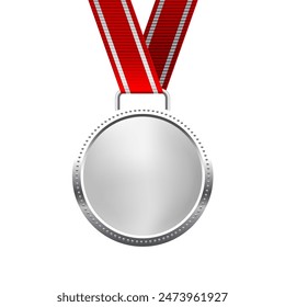 Medalla de plata con cinta roja segundo lugar de Ilustración vectorial. Medalla de trofeo aislada realista con insignia de recompensa de metal para ganadores y campeones.