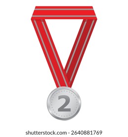 Silver medal with red ribbon for second place (2nd), isolated on white background. Realistic trophy medal with red ribbon for winners and champions ceremonies. Vector illustration