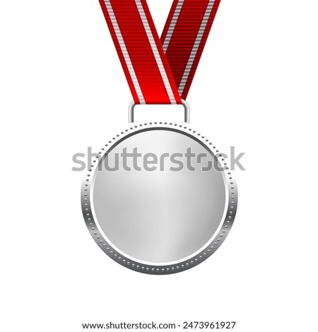 Silver medal with red ribbon second place vector illustration. Realistic isolated trophy medal with metal reward badge for winners and champions.