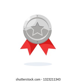 Silver medal with red ribbon, star for second place. Trophy, winner award isolated on white background. Badge icon. Sport, business achievement, victory concept. Vector flat design
