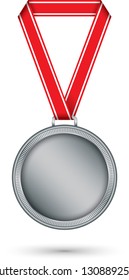Silver medal with red ribbon, vector illustration