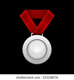 Silver Medal with Red Ribbon. Vector illustration
