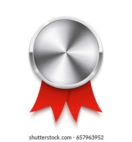Silver medal with red ribbon. Vector illustration