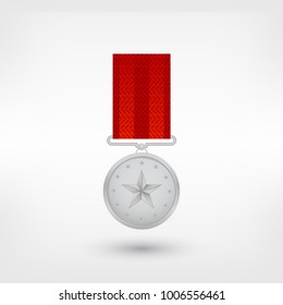 Silver Medal With Red Ribbons. Vector illustration