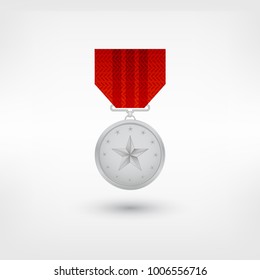Silver Medal With Red Ribbons. Vector illustration