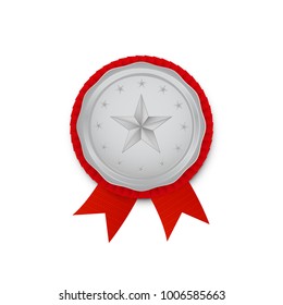 Silver Medal With Red Ribbons. Vector illustration