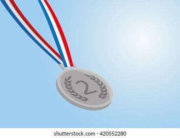 silver medal with ribbon on blue background. vector eps 10