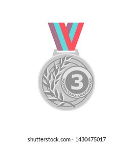 Silver medal with ribbon. Sport game award 3 place badge isolared on white background. Vector illustration