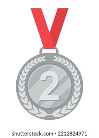 Silver medal with ribbon. Sticker for social networks and messengers. Trophy, prize and award. Second place in competition. Reward and achievement for athletes. Cartoon flat vector illustration