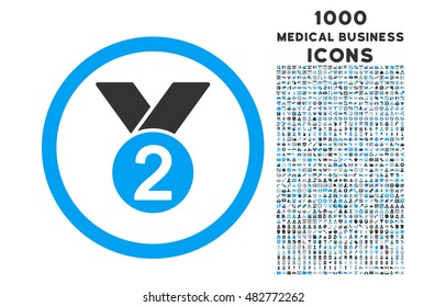 Silver Medal rounded vector bicolor icon with 1000 medical business icons. Set style is flat pictograms, blue and gray colors, white background.