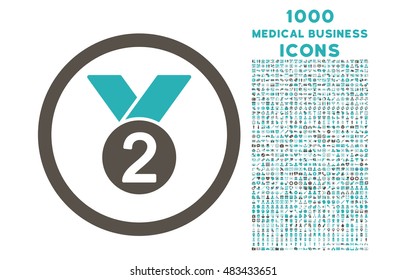 Silver Medal rounded vector bicolor icon with 1000 medical business icons. Set style is flat pictograms, grey and cyan colors, white background.