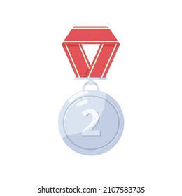 Silver medal for second 2nd place with mesh. Prize-winners award with number two 2. Circle medallion badge with loop. Sports reward. Flat graphic vector illustration isolated on white background