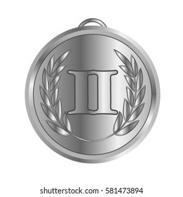 Silver medal for second place with a laurel wreath and the Roman numeral 2. Vector illustration, isolated on a white background.