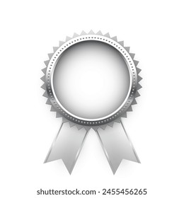 Silver medal for second place with ribbons and free space for award nomination name. Winner rank two on white background. Championship in sport or movie vector illustration.