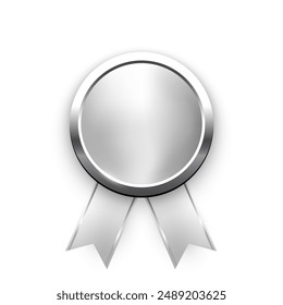Silver medal for second place with ribbons and free space for award nomination name. Winner rank two on white background. Championship in sport or movie vector illustration.