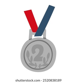 Uma medalha de prata para o segundo lugar, uma medalha de metal redonda suspensa de uma fita azul e vermelha. Design gráfico plano vetorial, ilustração isolada. Azul, amarelo, vermelho. Distribuição dos ganhos por lugares