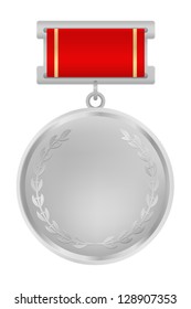 Silver medal of Second place. Usable for certificate, diploma or different awards. Isolated Silver insignia with red ribbons (sign of winner). Vector illustration on white background