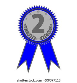 Silver medal sign. Symbol of achievement. Monochrome round medallion with two blue ribbons isolated on white background. Achievement flat mark. Concept of award. Stock vector illustration