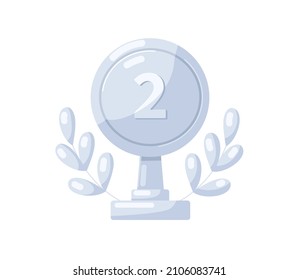 Silver medal stand with number two 2. Award for second 2nd place. Metal reward with laurel leaf branch and leg. Prize-winners trophy. Flat graphic vector illustration isolated on white background