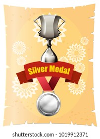 Medalla de plata y trofeo en ilustración de afiches