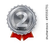Silver Medal Vector. Silver 2nd Place Badge. Sport Game Silver Challenge Award. Red Ribbon. Isolated. Olive Branch. Realistic Illustration.