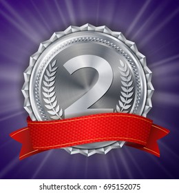 Silver Medal Vector. Silver 2nd Place Badge. Metallic Winner Award. Red Ribbon. Olive Branch. Realistic Illustration.