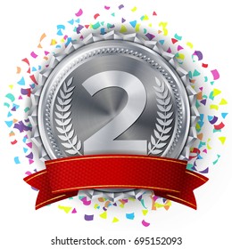 Silver Medal Vector. Silver 2nd Place. Competition Challenge Award. Falling Bright Confetti. Red Ribbon. Isolated. Olive Branch. Realistic Illustration.