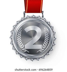 Silver Medal Vector. Silver 2nd Place. Ceremony Winner Honor Prize. Isolated On White. Olive Branch. Realistic Illustration.