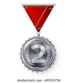 Silver Medal Vector. Best First Placement. Winner, Champion, Number One. 2nd Place Achievement. Metallic Winner Award. Red Ribbon. Isolated On White Background. Realistic Illustration.