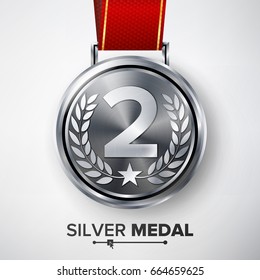 Silver Medal Vector. Metal Realistic Second Placement Achievement. Round Medal With Red Ribbon, Relief Detail Of Laurel Wreath And Star. Competition Game Siver Achievement. Winner Trophy Award

