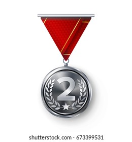 Silver Medal Vector. Metal Realistic Second Placement Achievement. Round Medal With Red Ribbon, Relief Detail Of Laurel Wreath And Star. Competition Game Siver Achievement. Winner Trophy Award