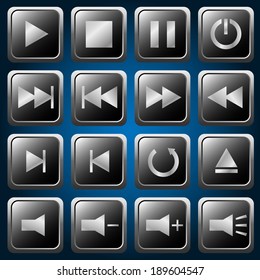 Silver media player buttons set. Vector illustration.