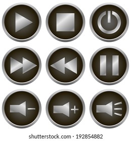 Silver media player buttons set. Vector illustration.