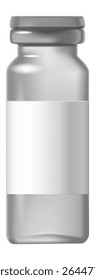 Garrafa médica de prata com uma etiqueta branca em branco, posicionada em um fundo branco limpo, oferecendo amplo espaço para texto personalizado e elementos de design. Perfeito para marcas de assistência médica