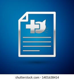 Silver Medical certificate for travel with dog or cat icon isolated on blue background. Document for pet. Vector Illustration