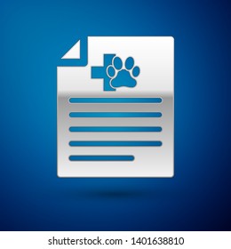 Silver Medical certificate for travel with dog or cat icon isolated on blue background. Document for pet. Dog or cat paw print. Vector Illustration