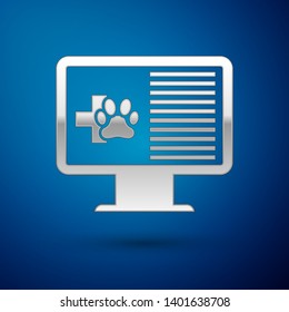 Silver Medical clinical record pet on monitor icon isolated on blue background. Health insurance form. Prescription, medical check marks report. Vector Illustration