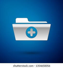 Silver Medical health record folder for healthcare icon isolated on blue background. Patient file icon. Medical history symbol. Vector Illustration