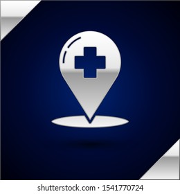 Silver Medical map pointer with cross hospital icon isolated on dark blue background.  Vector Illustration