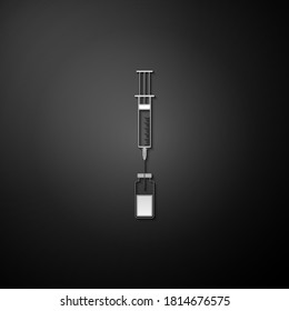 Silver Medical syringe with needle and vial or ampoule icon isolated on black background. Vaccination, injection, vaccine, insulin concept. Long shadow style. Vector.