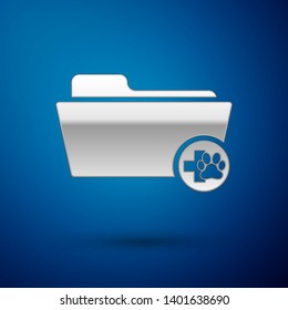 Silver Medical veterinary record folder icon isolated on blue background. Dog or cat paw print. Document for pet. Patient file icon. Vector Illustration