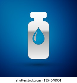 Silver Medical vial, ampoule, bottle icon isolated on blue background. Vaccination, injection, vaccine healthcare concept. Vector Illustration