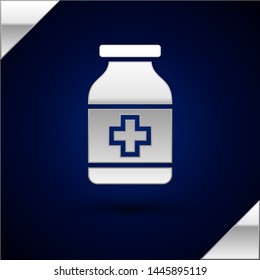 Silver Medicine bottle icon isolated on dark blue background. Bottle pill sign. Pharmacy design.  Vector Illustration