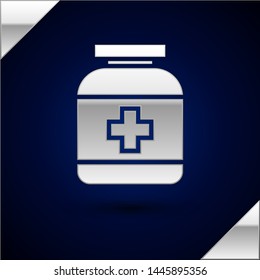 Silver Medicine bottle icon isolated on dark blue background. Bottle pill sign. Pharmacy design.  Vector Illustration