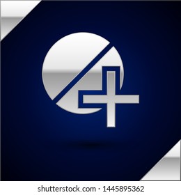 Silver Medicine pill or tablet icon isolated on dark blue background. Capsule pill and drug sign. Pharmacy design.  Vector Illustration