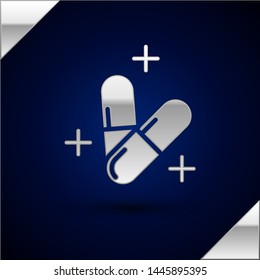 Silver Medicine pill or tablet icon isolated on dark blue background. Capsule pill and drug sign. Pharmacy design.  Vector Illustration